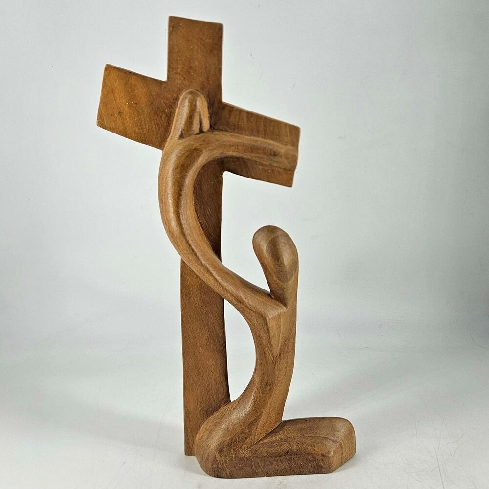 Modernist abstract Wood Cross Crucifix Vintage Wall Decor Jesus Mary 14"